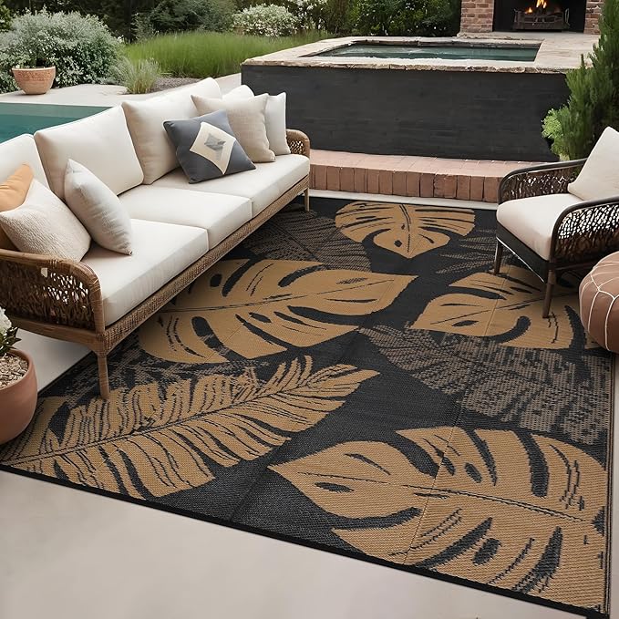 GAOMON Outdoor Rug Waterproof 9x12 Outdoor Plastic Straw Rug for Patio, Reversible Modern Camping Mat with Bag & Stakes, UV Resistant & Easy to Clean Carpet for RV, Deck, Balcony, Porch, Brown-Ruum Studio Home