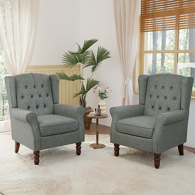 Lumibee High Back Accent Chair Set of 2,Upholstered Wingback Armchair with Solid Wood Legs for Small Spaces,Comfy Single Sofa Chair for Living Room,Bedroom,Office-Gray-Ruum Studio Home