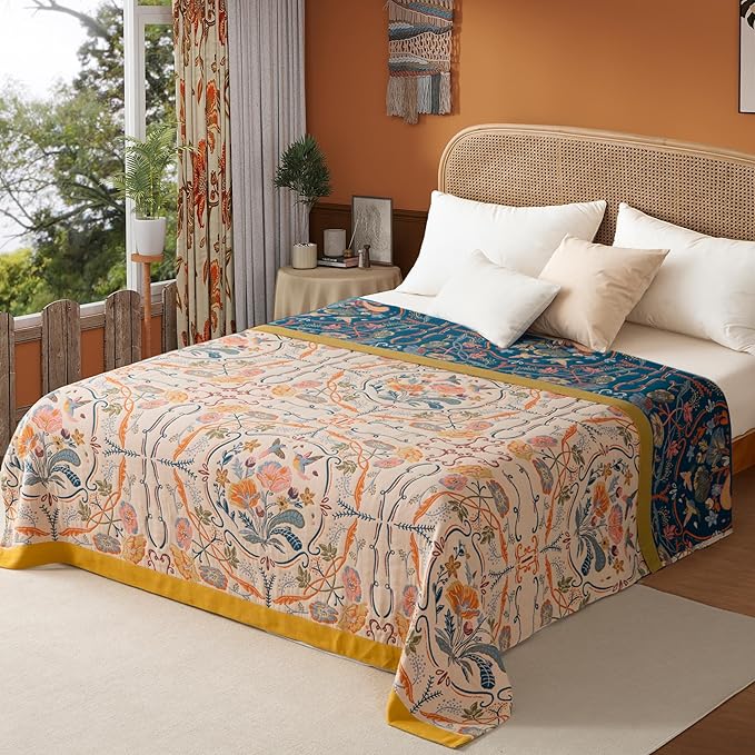 Boho Throw Blanket Twin Size, Soft Cozy Cotton Muslin Quilt Blanket for Bed Decor, Floral Patterned Couch Sofa Chair Cover, Vintage Farmhouse Cottage Tapestry Woven Blanket, Yellow&Blue-Ruum Studio Home