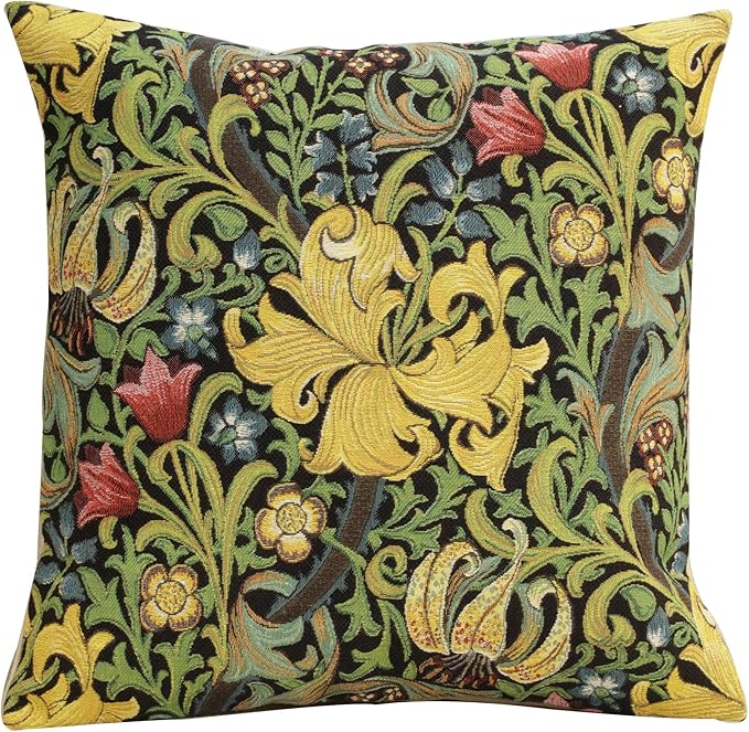 Charlotte Home Furnishings Throw Pillow Covers, Decorative Boho Pillow Cover for Couch, Living Room, Golden Lily Black Square Cushion Cases 18x18 in, European Cotton Jacquard Woven, Cozy Bedroom Decor-Ruum Studio Home