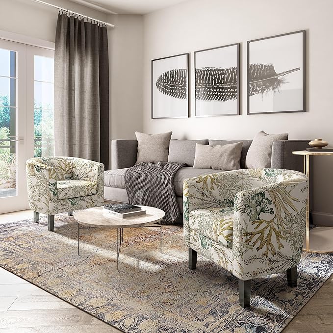 BELLEZE Living Room Chair, Linen Round Accent Barrel Chair, Club Tub Sofa Chair for Bedroom, Corner Chair with Flared Legs and Cozy Soft Padding - Highland (Green Coral)-Ruum Studio Home