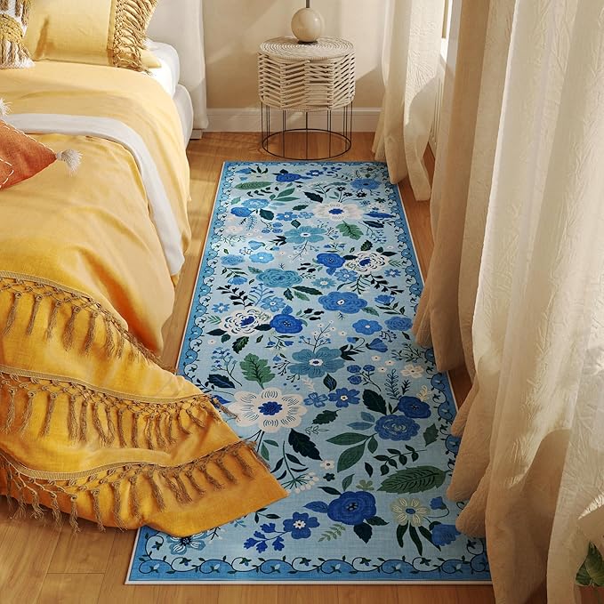 Runner Rug for Hallways Kitchen Rug Non Slip 2'6''x8' Washable Runner Rugs with Rubber Backing Soft Floral Carpet Runner for Hallways, Kitchen, Laundry, Bedroom, Bathroom(Blue)-Ruum Studio Home