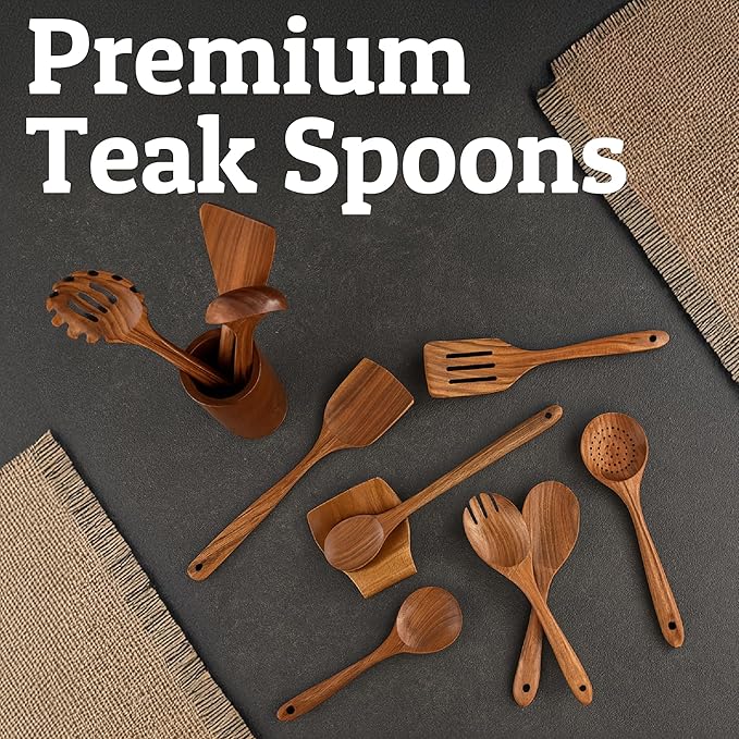 PriorityChef Premium Wooden Spoons for Cooking - 8pc with Utensil Holder, Spoon Rest and Hanging Hooks, Smooth Finish Teak Wooden Utensil Set, Heat-Resistant & Nonstick Safe, Ideal for Gifting-Ruum Studio Home