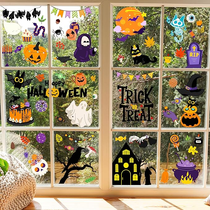 Halloween Window Clings - Halloween Decorations Static Window Stickers for Glass, Removable Large Double-Sided Window Decals for Indoor Home Decor, Bat Fall Cute Party Gift, 65 PCS/9 Sheet-Ruum Studio Home