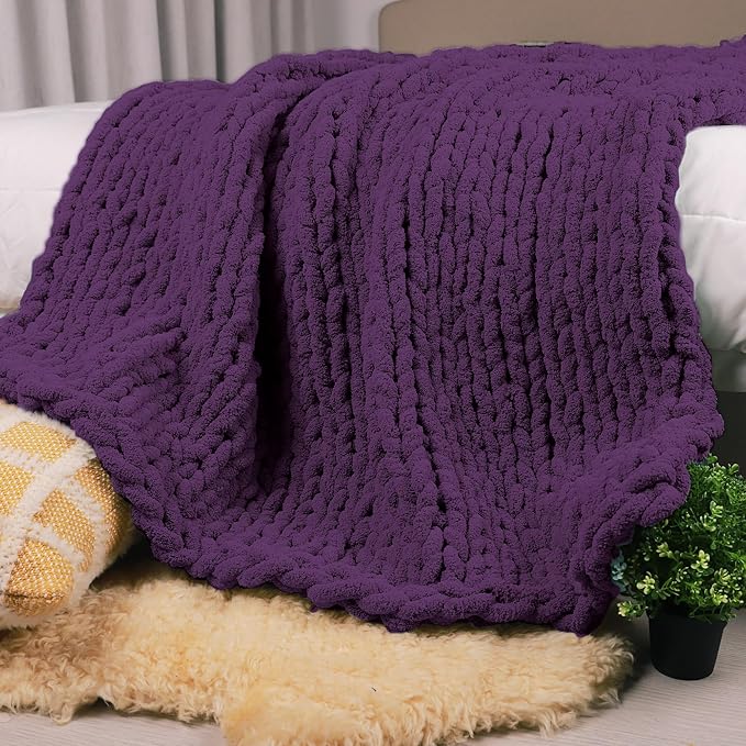 Carriediosa Chunky Knit Throw Blanket 60" X 80" Twin, 100% Hand Made Large Chenille Loop Yarn Soft Fluffy Throws for Couch Sofa Bed, Big Crochet Cozy Heavy Thick Cable Woven Blanket, Dark Purple-Ruum Studio Home