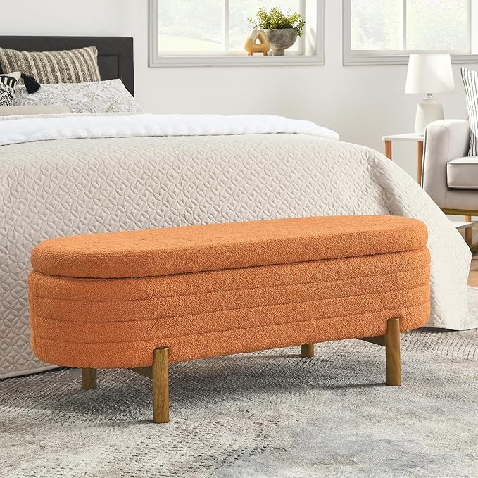 Furniliving 46” Storage Benches, End of Bed Bench with Button-Tufted Large Upholstered Storage Ottoman Teddy Window Bench with Storage Shoe Cabinet Bench, for Bedroom, Entryway, Closet, Orange-Ruum Studio Home