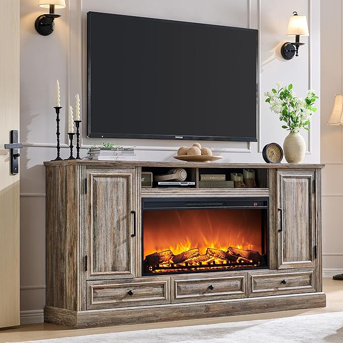Fireplace TV Stand for 80 Inch TV, 35.7" Tall Farmhouse Entertainment Center W/36'' Electric Fireplace, Media Console with Large Storage Cabinets and Drawers for Living Room, Purple Oak-Ruum Studio Home