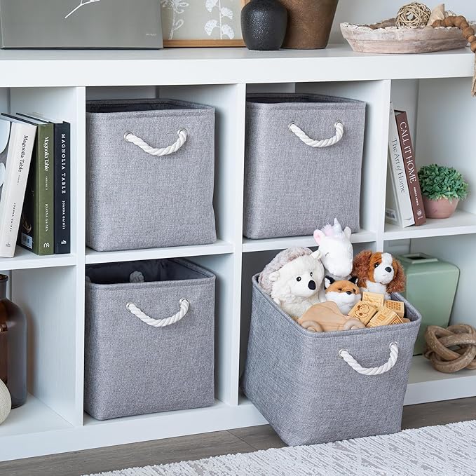 OrganiHaus 11x11 Cube Storage Bins 4 Pack, Foldable Cube Storage Organizer w/ Rope Handles, Collapsible Fabric Bins for Toys, Clothes & Closet Organization, Fabric Square Baskets - Gray-Ruum Studio Home