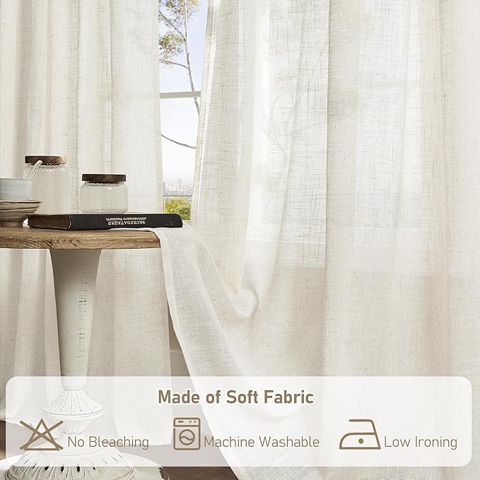 LAMIT Linen Sheer Curtains 72 Inches Long for Bedroom, Bronze Grommet Light Filtering Semi Sheer Linen Textured Burlap Boho Neutral Drapes for Living Room, Cream Ivory, 34 x 72 Inch, 2 Panels-Ruum Studio Home