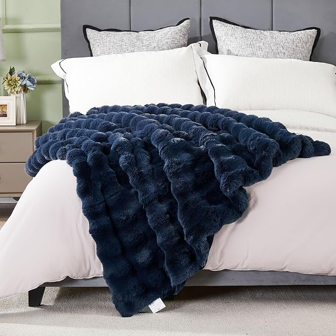 DREAMNINE Large Soft Thick Fuzzy Bubble Faux Rabbit Fur Blanket Full Size 70" x 80",Double Sided Comfy Plush Warm Shaggy Fluffy Blankets, Luxury Big Cozy Cute Textured Furry Blanket for Bed, Navy Blue-Ruum Studio Home