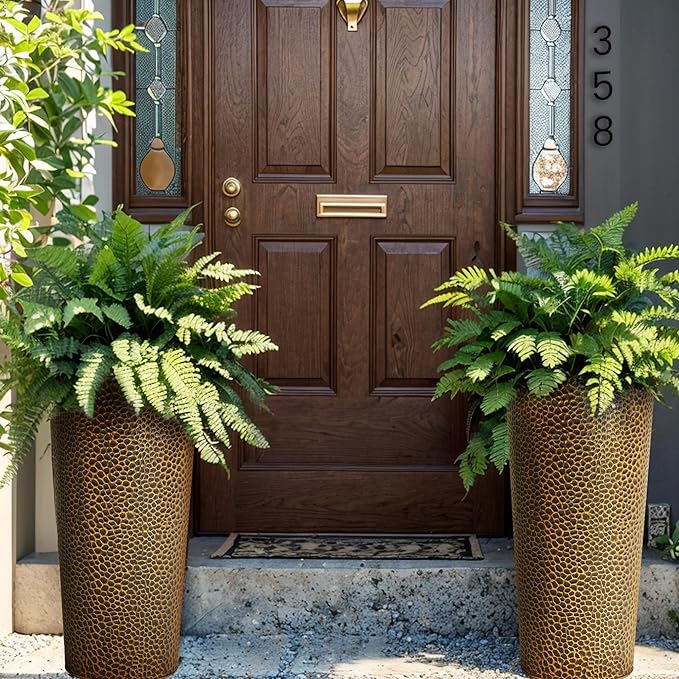 KOL 25" H. Metal Hand-Hammered Planters with Inner Pots 2-Pack, Bronze Decor Planter for Deck, Patio, Porch - Galvanized Steel Handcrafted Flower Pot - w/Water Level Indicator - Indoor Outdoor Use-Ruum Studio Home