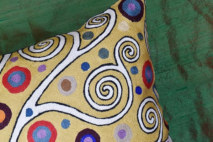 Decorative Pillow Cover Tree of Life Yellow Gold Pillows Botanical Yellows Throw Pillowcase for Couch | Mid Century Pillows for Sofa | Hand Embroidered Cushions Wool 18x18-Ruum Studio Home