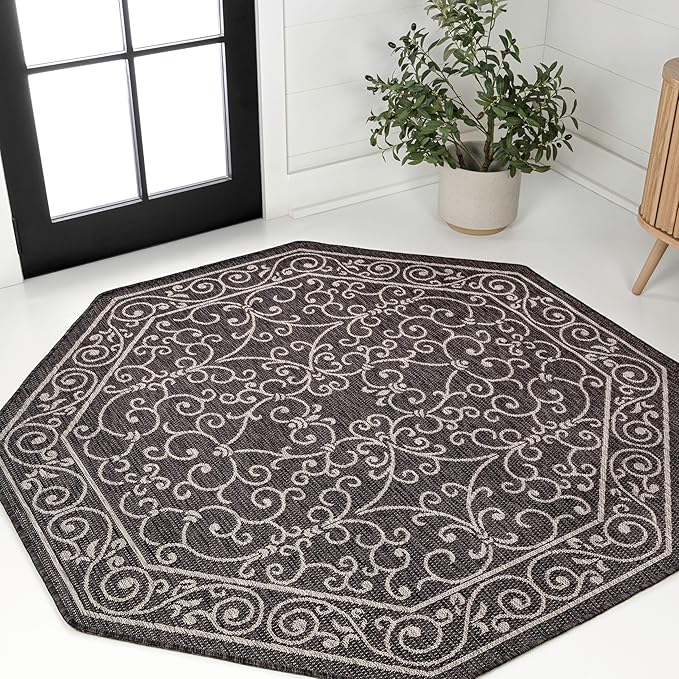JONATHAN Y Vintage Filigree Indoor Outdoor Octagon Area Rug 8 Ft Black/Gray, Charleston Textured Weave for Backyard, Patio, Porch, Easy-Cleaning, High Traffic, Pet-Friendly Non-Shedding SMB106G-8TGN-Ruum Studio Home