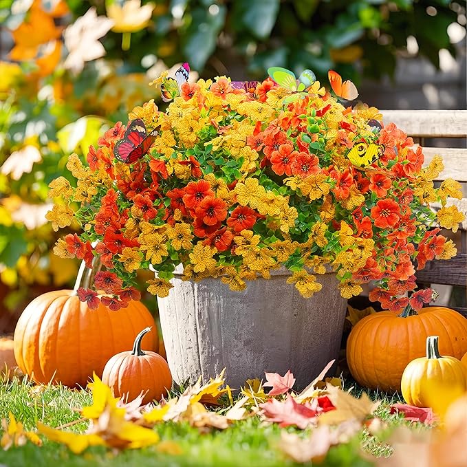 ‌20 Bundles Artificial Flowers for Outdoors‌ with 6 Faux Butterflies, UV Resistant ‌Fake Flowers‌ with Eucalyptus Leaves, ‌Artificial Plants Outdoor‌ for Patio Garden Porch Home Decor (Orange Yellow)-Ruum Studio Home