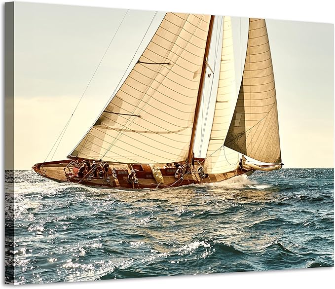 ARTISTIC PATH Nautical Sailboat Canvas Wall Art - Coastal Ocean Artwork Seascape Sailing Prints Wave Boat Picture Sunset Marine Ship Painting for Bedroom-Ruum Studio Home