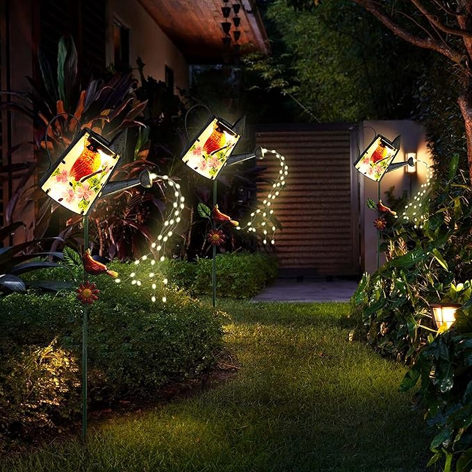 Garden Solar Lights Outdoor, Metal Watering Can Garden Stake Lights Cardinal Bird Decor Glass Art for Walkway, Pathway, Yard, Lawn-Ruum Studio Home