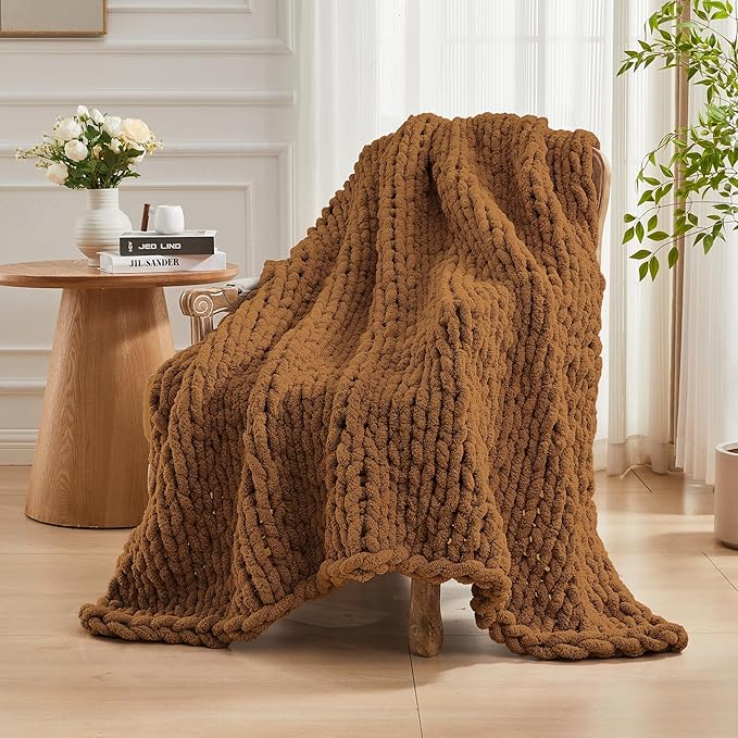 Carriediosa Chunky Knit Throw Blanket 60" X 80" Twin, 100% Hand Made Large Chenille Loop Yarn Soft Fluffy Throws for Couch Sofa Bed, Big Crochet Cozy Heavy Thick Cable Woven Blanket, Light Brown-Ruum Studio Home