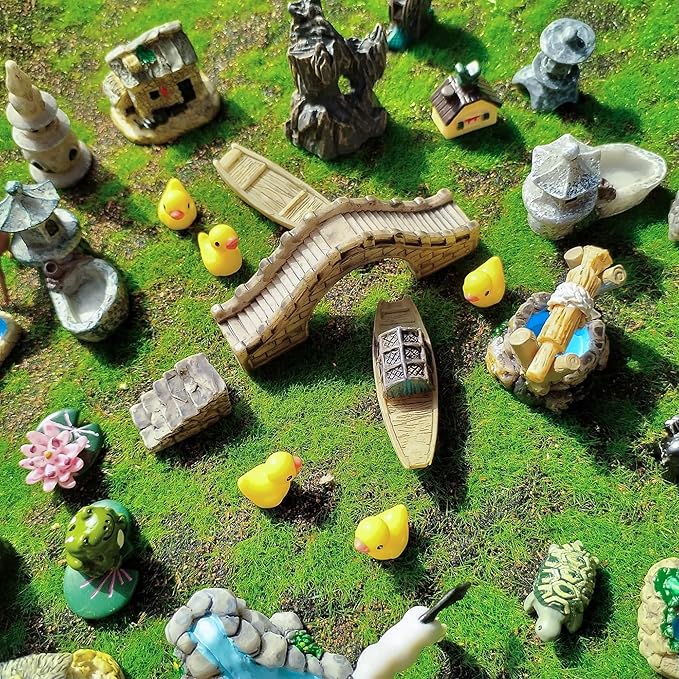 37PCS Fairy Garden Accessories, Miniature Nature Village Theme Fairy Garden Supplies for Outdoor, Mini Resin Animals House Bridge Pool Figurines Micro Landscape Succulent Plant Pots Terrarium Decor-Ruum Studio Home