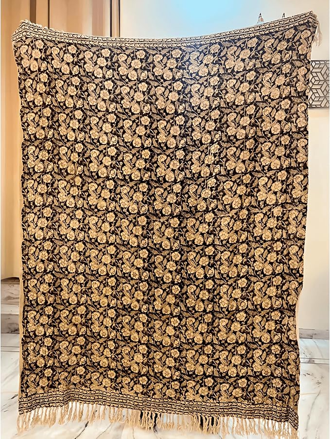 Handmade Cotton Throw Blanket, Floral Block Print, Black and Beige Wrap, 47x71 inches Decorative Woven Throw with Tassels-Ruum Studio Home