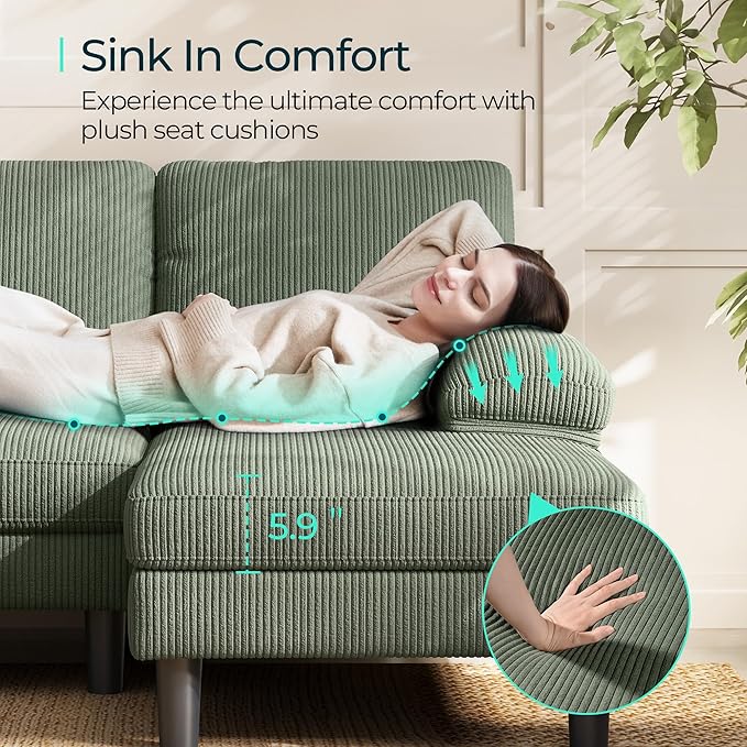 LINSY HOME Sectional Couch, 111'' W Corduroy U Shaped Sofa with Sleepable Armrests, 4 Seat Couch with Double Chaises, Deep Seat Sofa for Living Room, Army Green-Ruum Studio Home