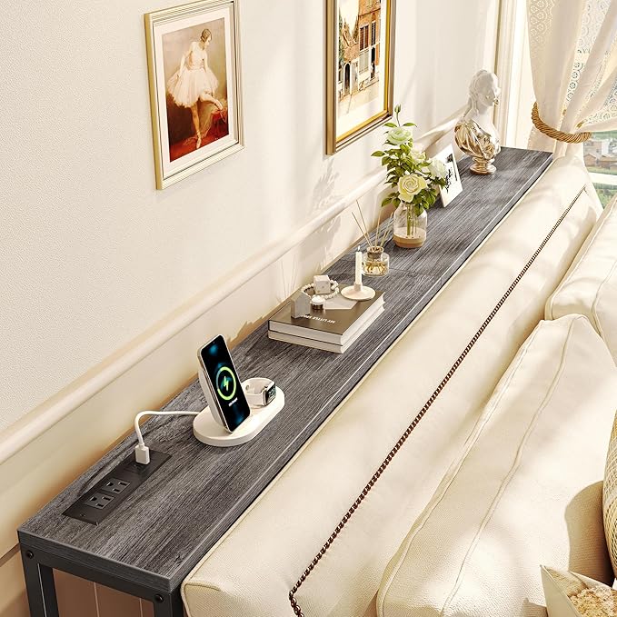 SUPERJARE 70 Inch Console Table with Outlet, Sofa Table with Charging Station, Narrow Entryway Hallway Table, Behind Couch Table, for Living Room, Charcoal Gray-Ruum Studio Home