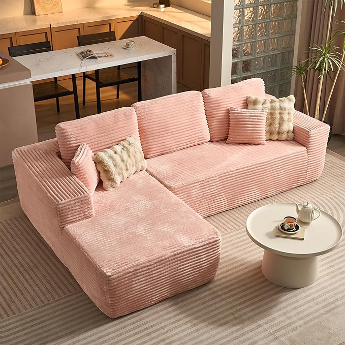 ovios 104" Cloud Sectional Couch with L-Shape Chaise,Modern Modular Sofa with Deep Seat, Upholstered Couches for Living Room Bedroom,No Assembly Required, Pink (Plush Corduroy Fabric)-Ruum Studio Home