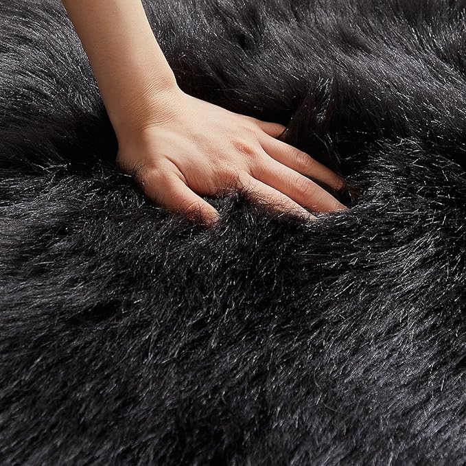AMTOVO Faux Fur Rug, Black Ultra Soft Fluffy Shag Sheepskin Rug, 2 x 6 ft Runner Area Rugs for Bedroom Sofa Throw Cushion Room Decor, Rectangle-Ruum Studio Home