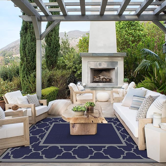 GENIMO 4 ' x 6 ' Outdoor Rug for Patio Clearance, Waterproof Indoor Outdoor Plastic Straw Rugs Carpet, Reversible Outside Area Rv Mat for Camping, Balcony Porch, Deck, Picnic, Beach (Blue & Gray)-Ruum Studio Home