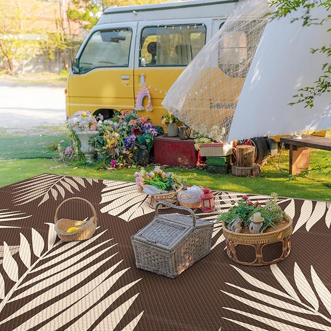 GENIMO Outdoor Rug 10' x 14' Waterproof for Patios Clearance, Reversible Outdoor Plastic Straw Camping Rug Carpet, Large Area Rugs Mats for RV, Camper, Deck, Balcony, Porch, Beach, Coffee&Beige-Ruum Studio Home