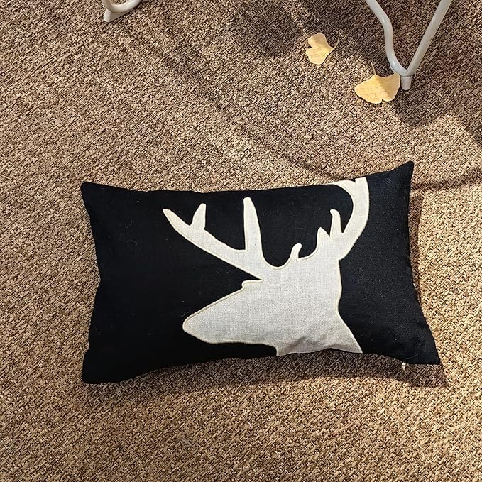 Lumbar Pillow Covers 12x20 Inches Black Decorative Cotton Linen Deer HeadThrow Lumbar Waist Embroidered Cushions Covers for Couch Sofa Bedroom-Ruum Studio Home