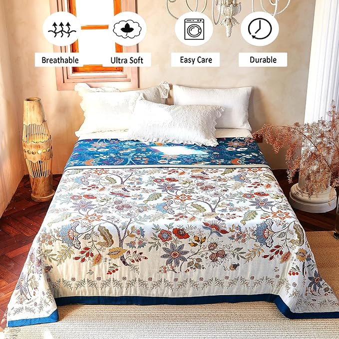Boho Throw Blanket, 100% Organic Cotton Breathable Ultra Soft Bed Quilt Throw - All Season Floral Bird Butterfly Farmhouse Decor Blanket for Sofa Couch Chair and Gift. 60" x 80"-Ruum Studio Home