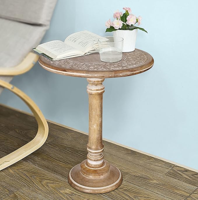 Lightnpro Carved Round End Table with Single Pillar - Handcrafted Accent Bedside Nightstand Side End Table for Living Room, Entryway, Vintage Desk for Books, Plants & Décor - 18x22 Inch - White Wash-Ruum Studio Home