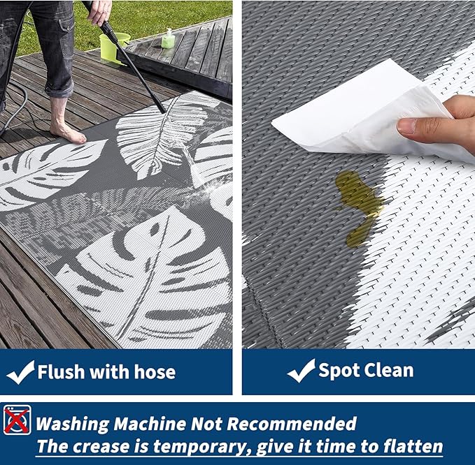GAOMON Outdoor Rug 9x18 Waterproof Patio Rugs Reversible Outdoor Plastic Straw Rug Camping Mat, Foldable Portable RV Picnic Carpet with Bag & 4 Stakes, UV Resistant Carpet for Deck Balcony, Grey-Ruum Studio Home