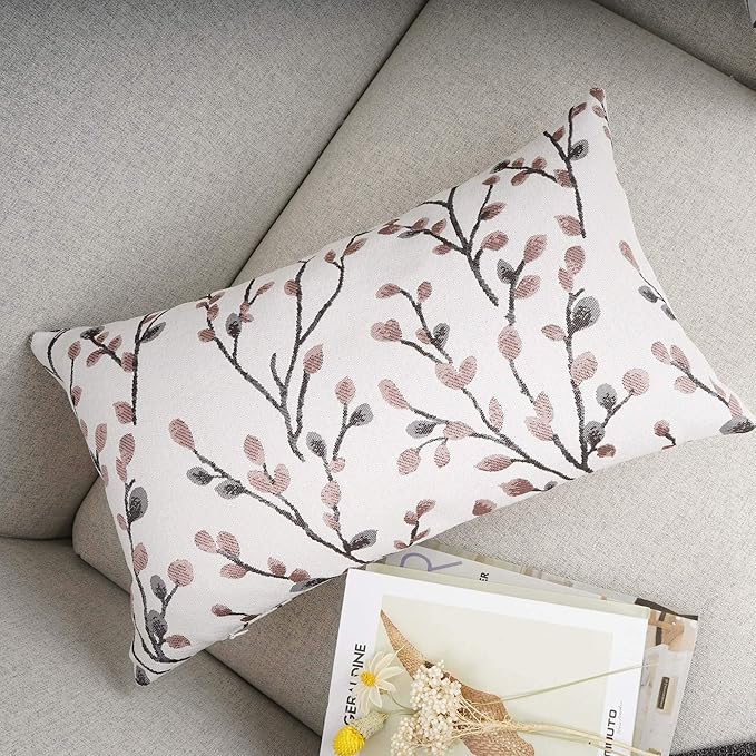 YOUR SMILE Classical Embroidery Jacquard Farmhouse Oblong Rectangle Chenille Red Leaf Decorative Throw Pillow Case,12x20 inch-Ruum Studio Home