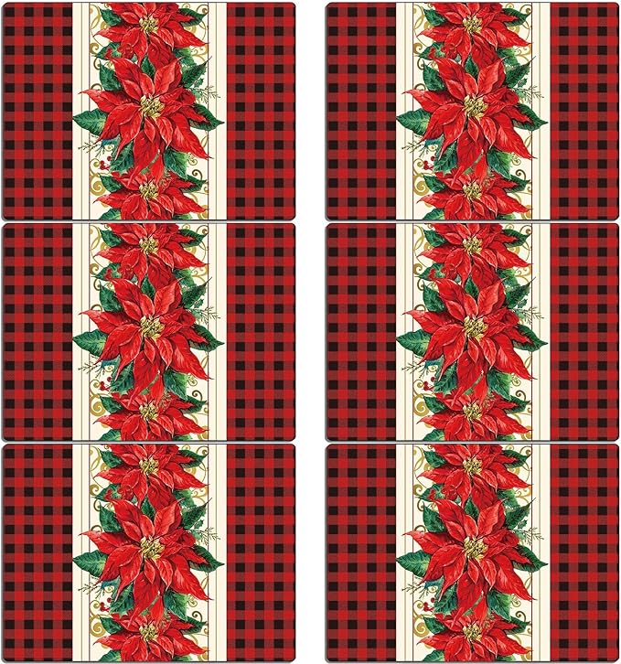 Christmas Poinsettia Placemats Set of 6 Red Watercolor Poinsettia Plastic Table Mats Christmas Xmas Red Flower Place Mats Winter Holiday Table Decoration for Indoor Outdoor Party Kitchen Dining-Ruum Studio Home