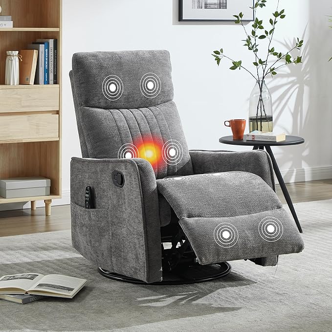 Manual Swivel Rocker Recliner Chair for Adults, Overstuffed Reclining Glider Chair for Nursing with Vibration Massage & Heat, Living Room Rocking Recliner 2-Stage backrest, Chenille Fabric Dark Gray-Ruum Studio Home