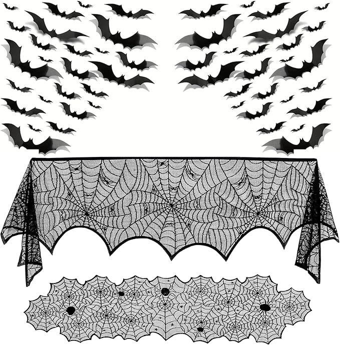 3 Pack Halloween Decorations Sets, Black Lace Spider Webs Table Runner & Halloween Cobweb Fireplace Scarf with 120 pcs 3D Bat for Halloween Indoor Decors Party Supplies-Ruum Studio Home