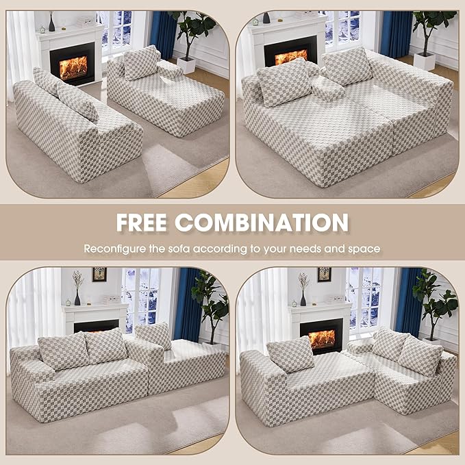 Hobestluk 96“ Modular Sectional Sofa Couches L-Shape Couch 3 Seat Modular Sofa Sectional Couches for Living Room, Cloud Couch with Oversized Chaise (Greygreen, Checked (Right Facing Chaise))-Ruum Studio Home