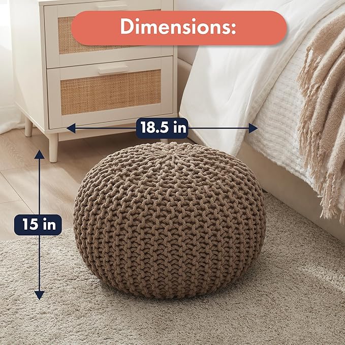 Ornavo Home Pouf Ottoman Foot Rest - 100% Cotton Pouffe - Hand Knitted Cable Braid Cord - Boho Round Stuffed Ottoman for Living Room, Bedroom - Taupe/Brown-Ruum Studio Home