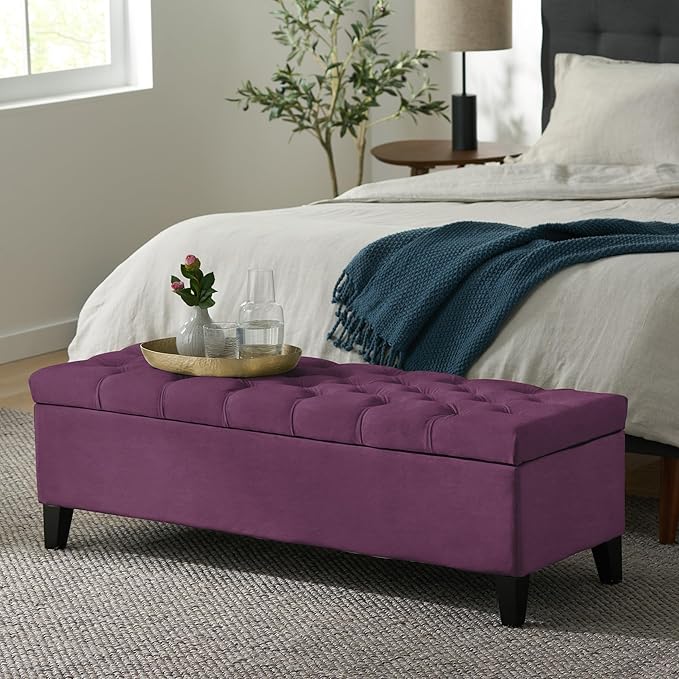 Christopher Knight Home Gloust Velvet Storage Ottoman, Upholstered Rectangular Storage Bench, Living Room Seating, Tufted BottonFoot Rest Stool for Home Office, Entryway and Bedroom, Purple-Ruum Studio Home