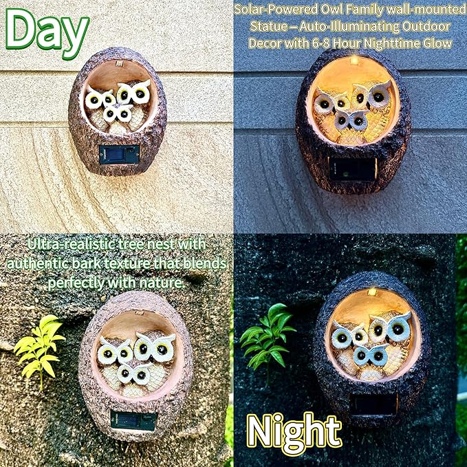 Garden Owl Family Tree Hugger Statue Solar Powered Outdoor Wall Mounted Figurine Light Resin Sculpture Home Decoration Housewarming Ornament Unique Gift-Ruum Studio Home