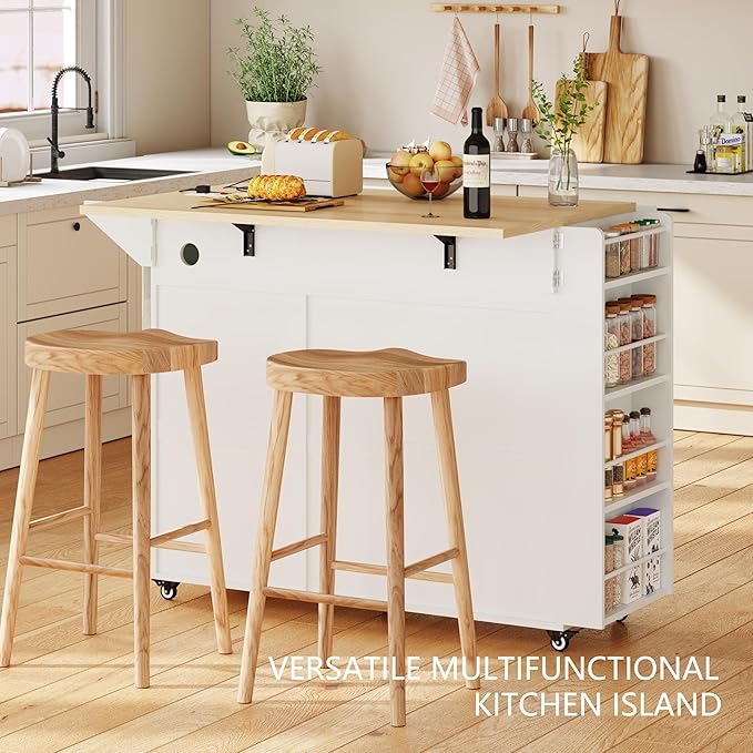 Kitchen Island with Drop Leaf & Power Outlet, Rolling Kitchen Island on Wheels with Trash Can Storage, Island Table Bar Cart with Spice Rack, Towel Rack, Drawers, Mobile Kitchen Carts on Wheels-Ruum Studio Home