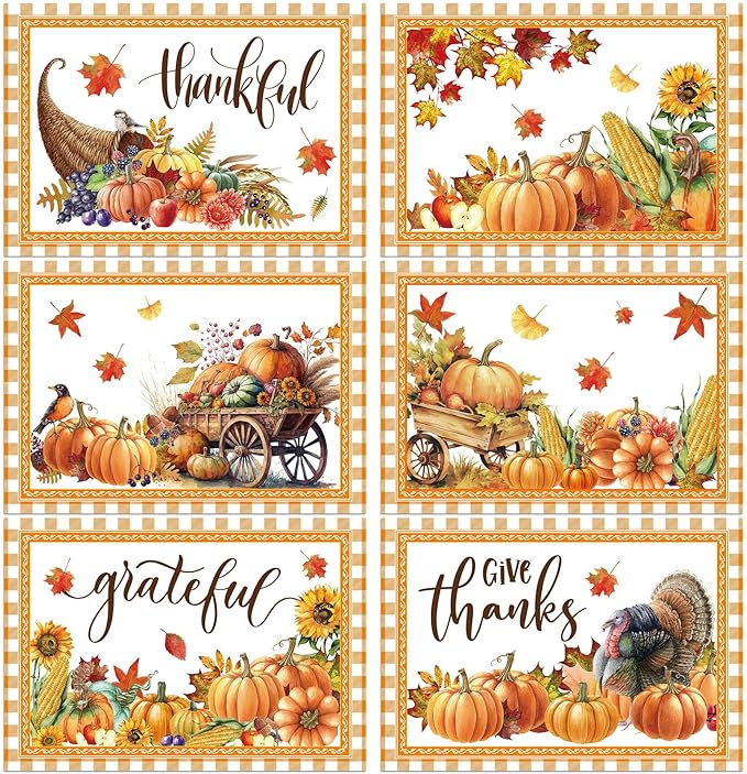 Thanksgiving Placemats Set of 6 Thanksgiving Day Plastic Table Mats Welcome Fall Place Mats Washable Vinyl Rustic Holiday Table Decoration for Indoor Outdoor Autumn Party Kitchen Dining-Ruum Studio Home