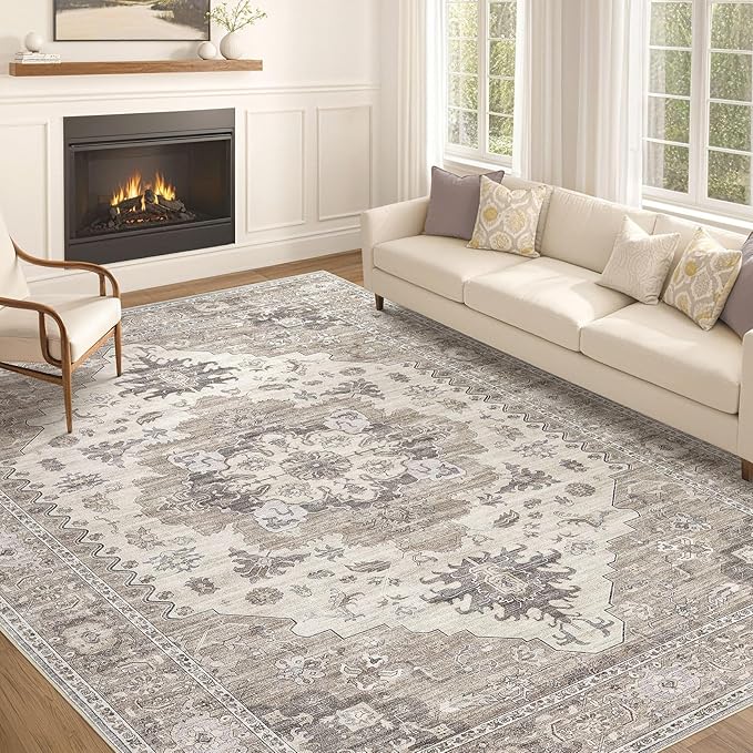 Washable Area Rugs for Living Room - 10x14 Neutral Vintage Distressed Floral Farmhouse Boho Large Soft Floor Rug Indoor Non Slip Carpet for Living Room Bedroom Dining Room Office-Brown/Beige-Ruum Studio Home