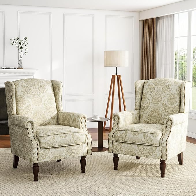 UIXE High Back Floral Accent Chairs Set of 2, Upholstered Armchair in Fabric, Retro Printed Wingback Arm Chair for Living Room, Nailhead Trim Single Sofa Bedroom Reading Seat - White-Ruum Studio Home