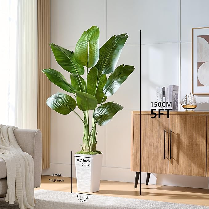 Lifelike Bird of Paradise Silk Artificial Plant Faux Banana Leaf Tree for Home Decor - Perfect Indoor Floor Plant with 9 Trunks (1, White Tall Planter, 5 FT)-Ruum Studio Home