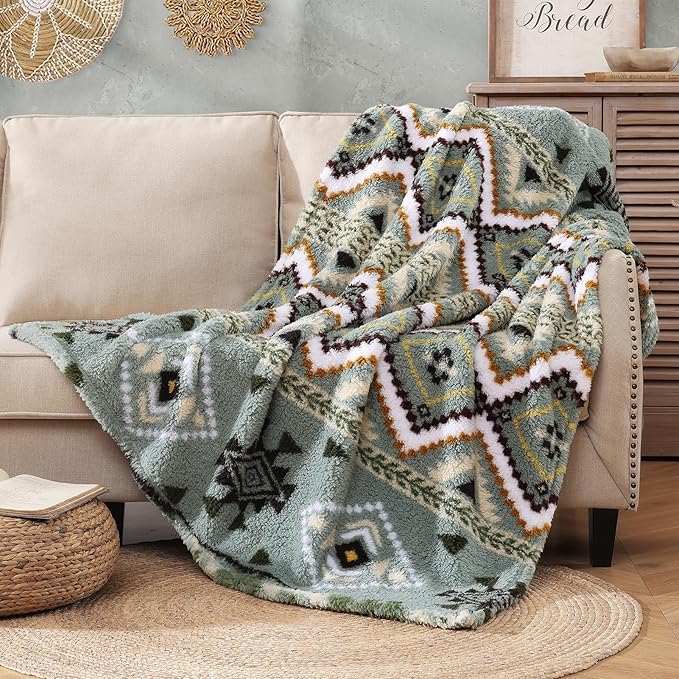 CASAAGUSTO Boho Sherpa Throw Blanket, Aztec Throw Blanket,Ultra Soft, Warm, Cozy, Plush, Thick Fleece Blanket for Couch, Bed, Sofa (Olive Green 50 * 60 Inch)-Ruum Studio Home