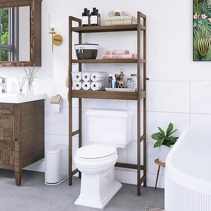 SMIBUY Bathroom Storage Shelf, Bamboo Over-The-Toilet Organizer Rack, Freestanding Toilet Space Saver with 3-Tier Adjustable Shelves (Walnut)-Ruum Studio Home