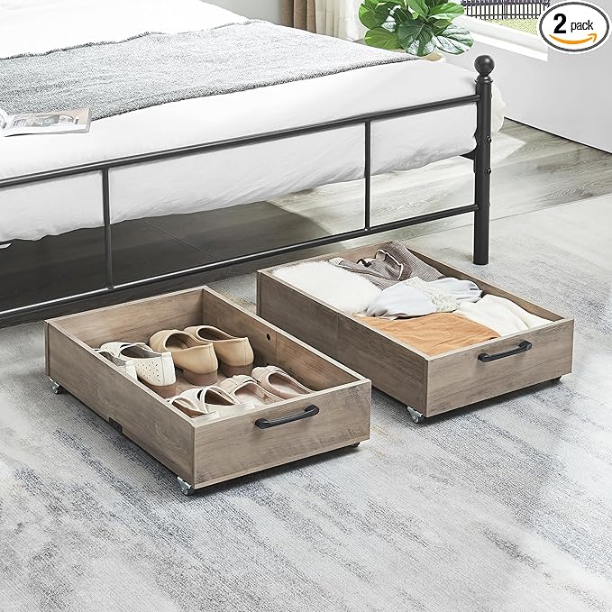 Under Bed Storage with Wheels, 2-Pack Under Bed Shoe Storage Organizer Drawer, Composite Wood Organizer for Shoes Clothes Containers in Bedroom for Clothes,Shoes(Grey)-Ruum Studio Home