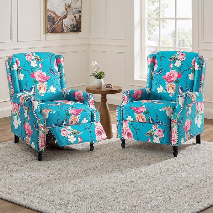 UIXE Floral Pushback Recliner Chairs Set of 2, Fabric Upholstered Armchair Push Back Accent Chair for Living Room, Rivet Trim Club Chair Home Theater Single Sofa Reading Seat - Peacock Blue-Ruum Studio Home